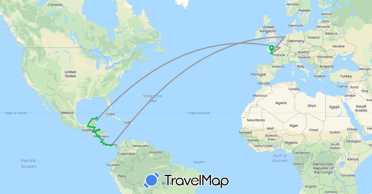 TravelMap itinerary: driving, bus, plane, boat in Belize, Costa Rica, France, Guatemala, Honduras, Mexico, Nicaragua, Netherlands, Panama (Europe, North America)